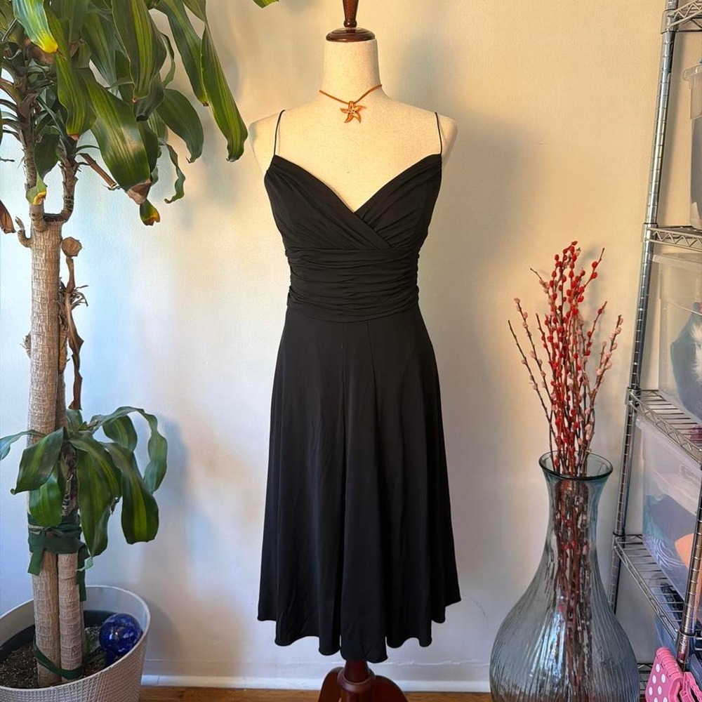 Anne Klein Black Drop Waist Ruched Midi Dress 90s Whimsygoth Formal Size 12